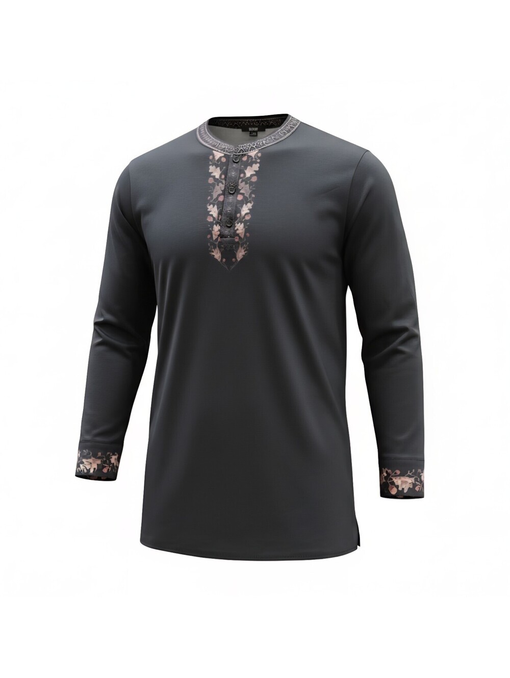 Ouku Mens XL Black Henley Shirt Tunic Long Sleeve Floral Geometric Trim Casual
